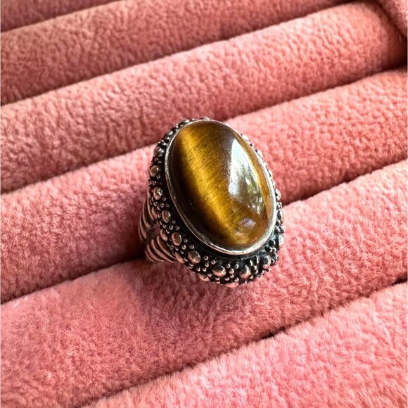 Tigers Eye Sterling Silver Oval Ring With Ornate Band & Beaded Detailing Size 6 - Picture 12 of 16